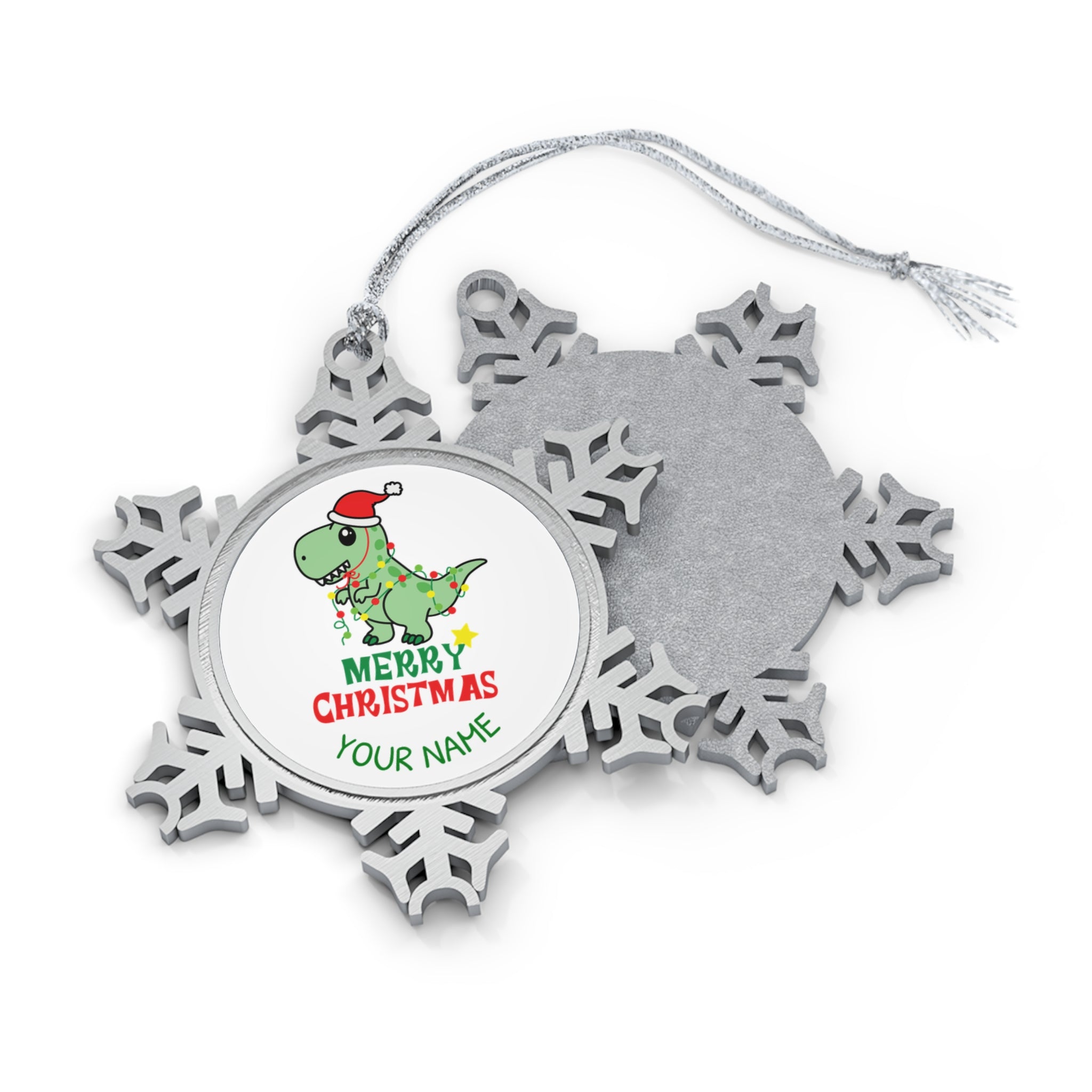 Personalised - Dinosaur Santa - Christmas Pewter Snowflake Ornament