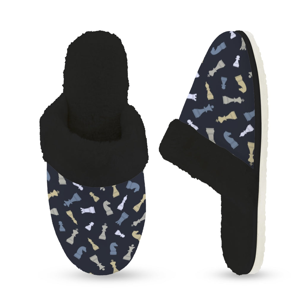 Chess Pattern Women's Fur Trim Thick-Sole Indoor Slippers Women's Fur Trimmed Slippers Chess Games Printed Offshore