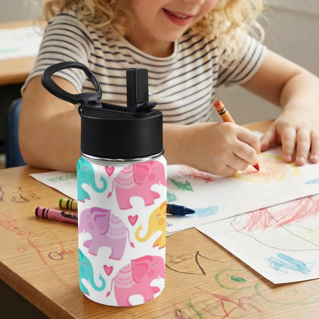 Cute Cartoon Elephant 12oz Kids Water Bottle with Straw Lid