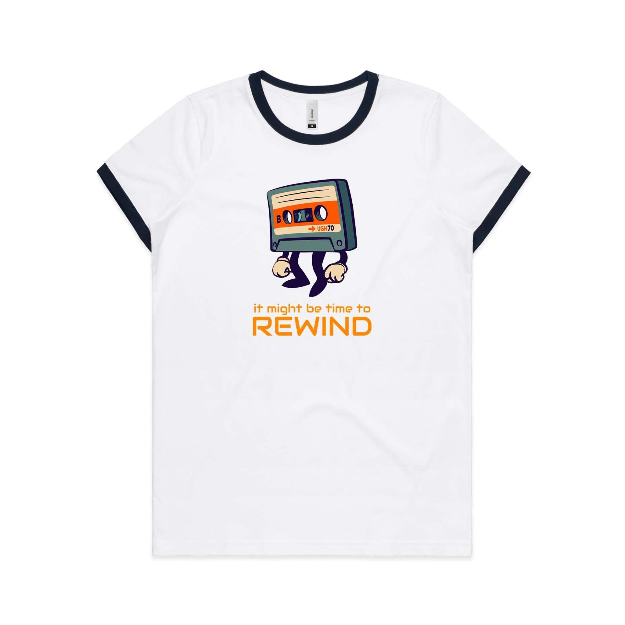 It Might Be Time To Rewind, Cassette Tape - Women's Ringer Tee White Navy Womens Ringer T-shirt Music Printed In Australia Retro