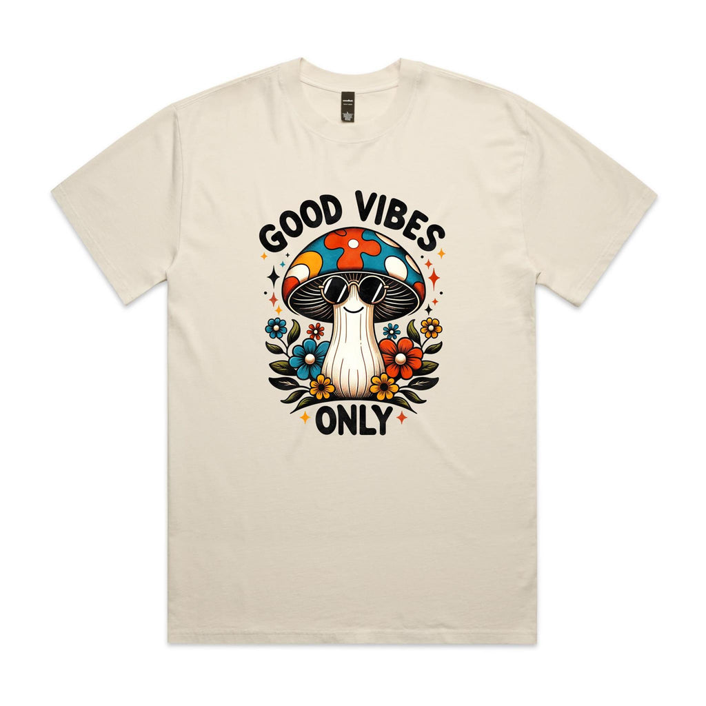 Good Vibes Only, Hippie Mushroom AS Colour Heavy Faded Tee Unisex Faded ecru Heavy Faded T-shirt Positivity Printed In Australia