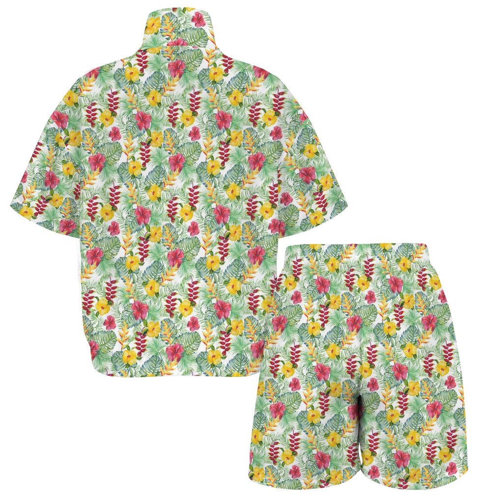Tropical Flowers On White Women's Windbreaker Short Set Women's Windbreaker Short Set Plants Printed Offshore