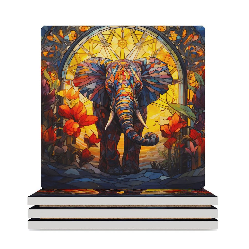 Elephant Stained Glass Look - Ceramic Coasters (Square) white Ceramic Coasters animal Printed Offshore