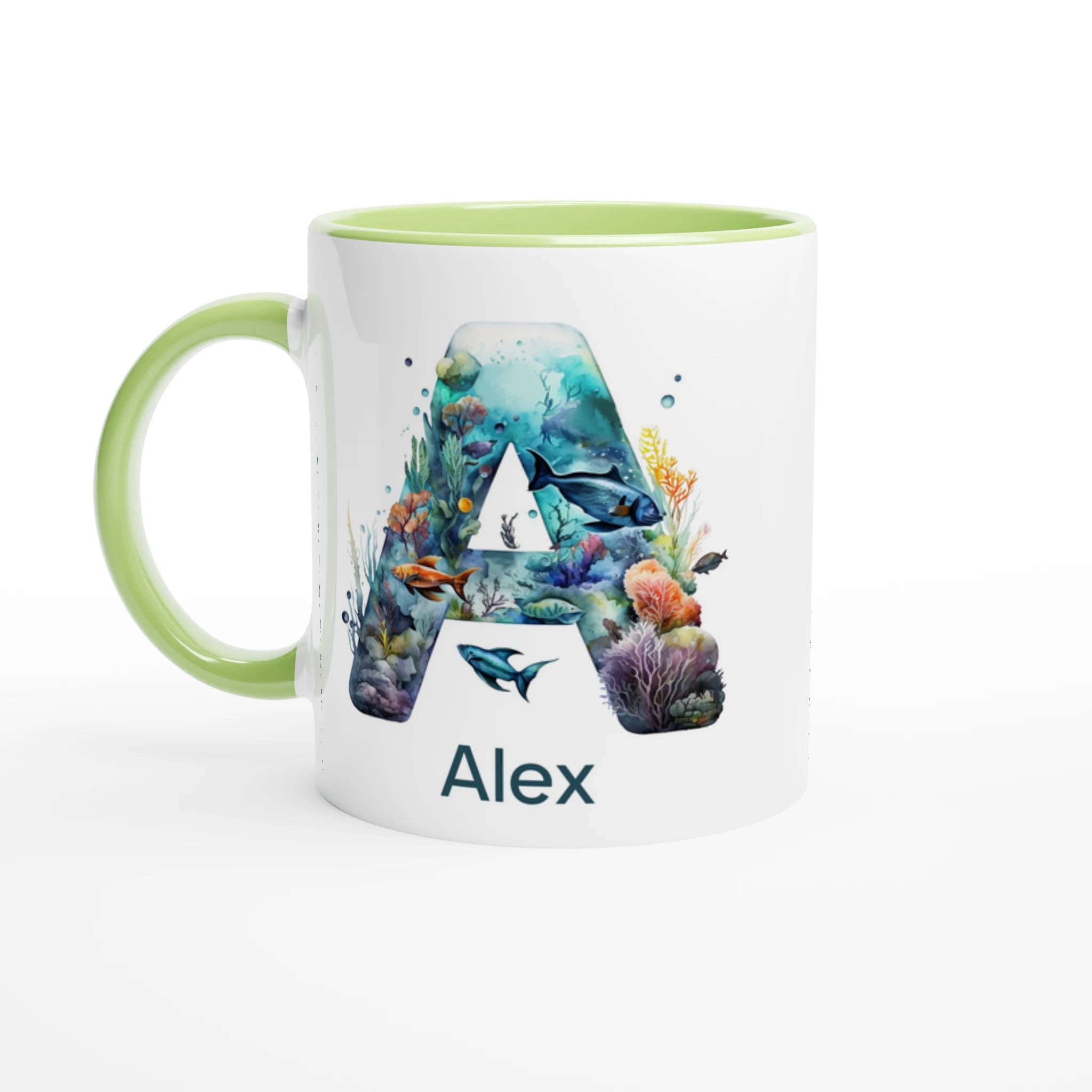 Coral Sea Initial - 11oz Ceramic Mug Ceramic Green Personalised 11oz Mug customise Globally Fulfilled Initial Name Ocean personalise