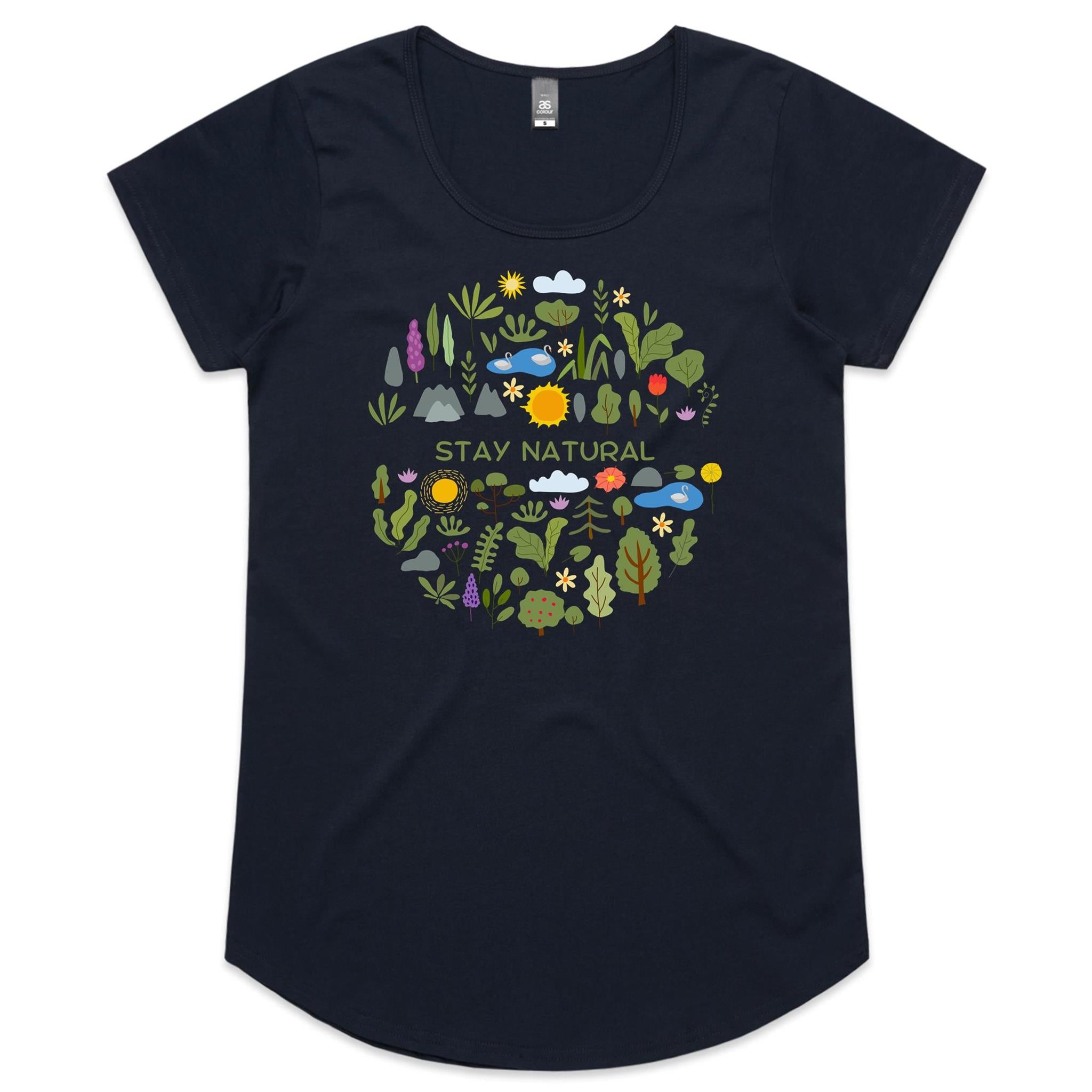 Stay Natural - Womens Scoop Neck T-Shirt Navy Womens Scoop Neck T-shirt Plants Printed In Australia