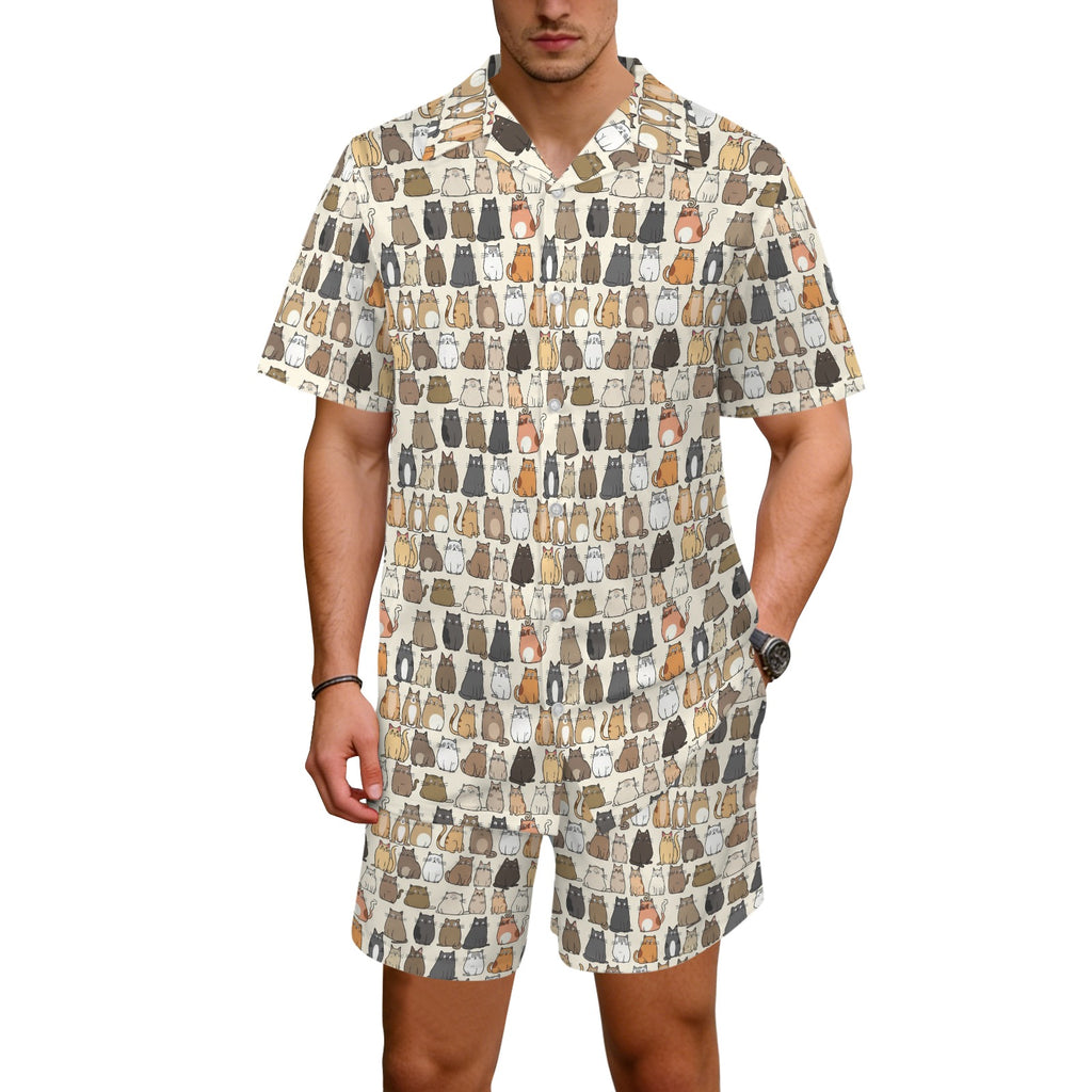 Lots Of Cats Men's Hawaiian Shirt & Shorts Set Men's Hawaiian Shirt & Shorts Set animal Printed Offshore