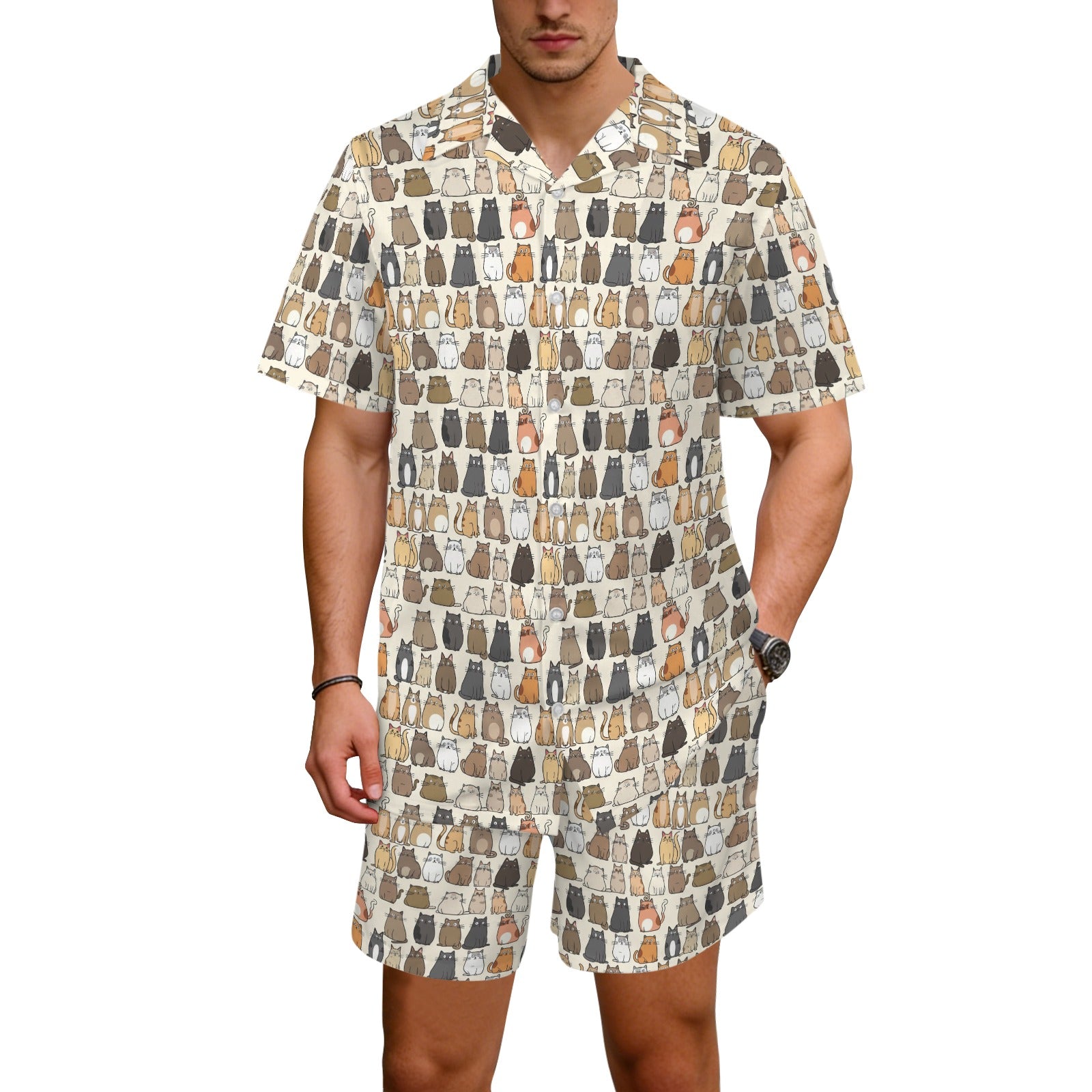 Lots Of Cats Men's Hawaiian Shirt & Shorts Set Men's Hawaiian Shirt & Shorts Set animal Printed Offshore