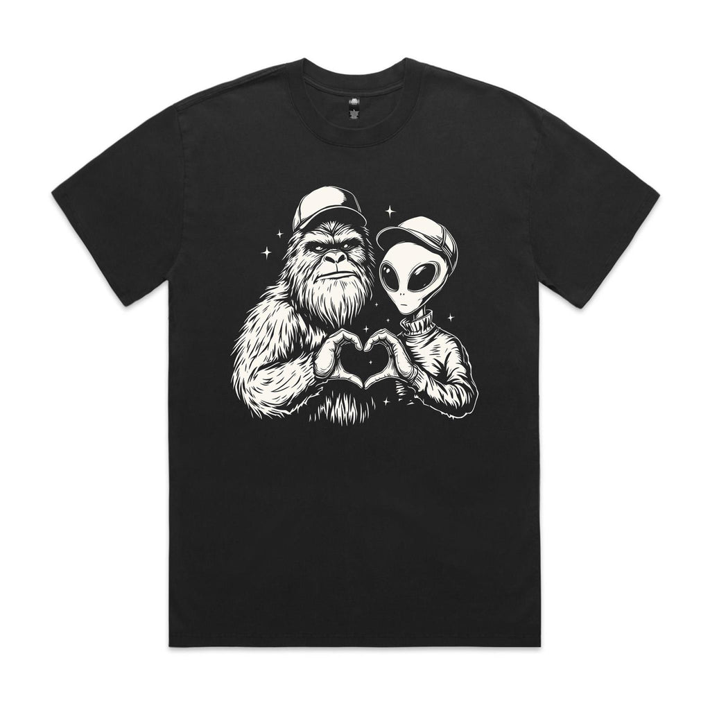 Alien And Bigfoot Heart Hands AS Colour Heavy Faded Tee Unisex Faded Black Heavy Faded T-shirt Printed In Australia Sci Fi