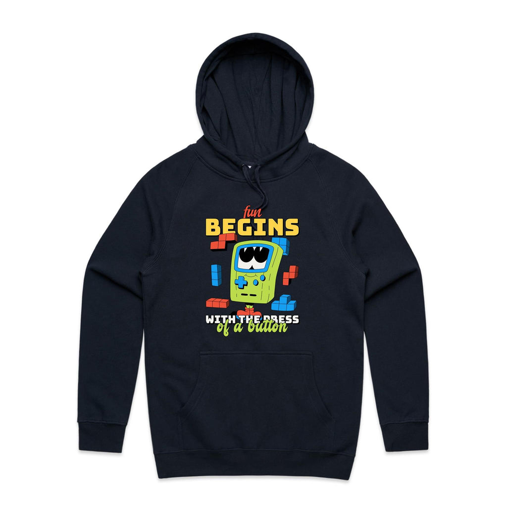 Fun Begins With The Press Of A Button, Games - Mens Hoodie Navy Mens Hoodie Games Printed In Australia