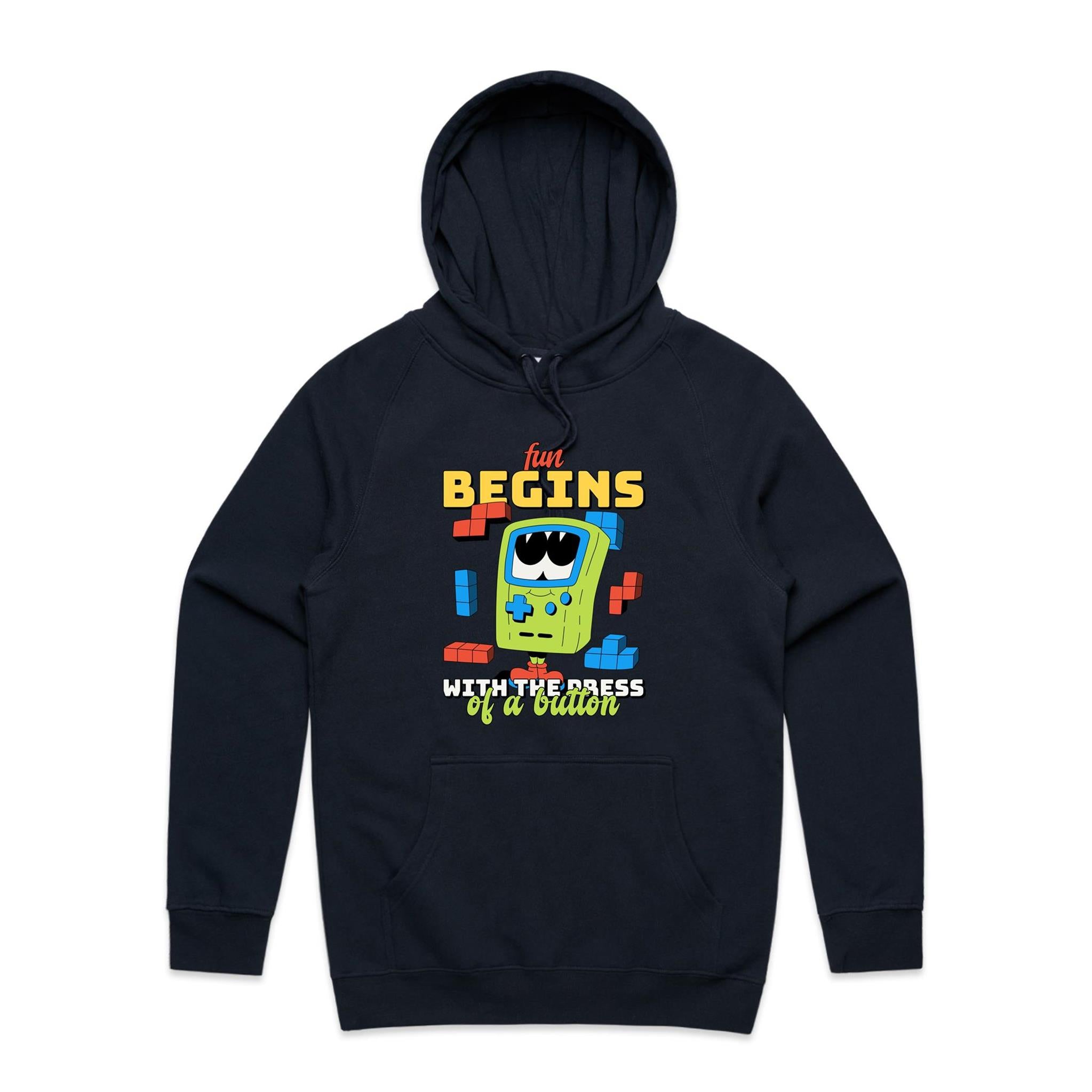 Fun Begins With The Press Of A Button, Games - Mens Hoodie Navy Mens Hoodie Games Printed In Australia