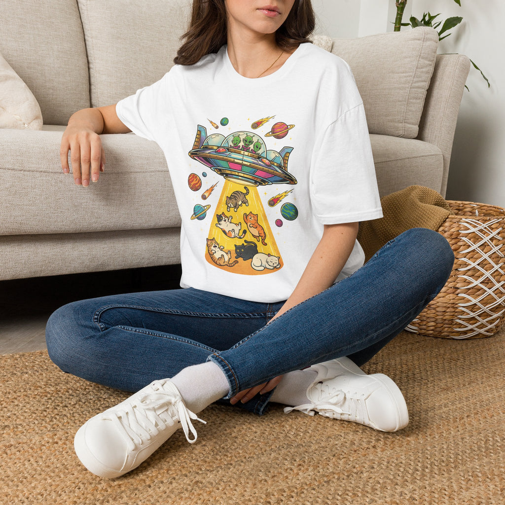 UFO Cat Abduction Unisex T-Shirt White Unisex Adult T-shirt animal Globally Fulfilled Sci Fi