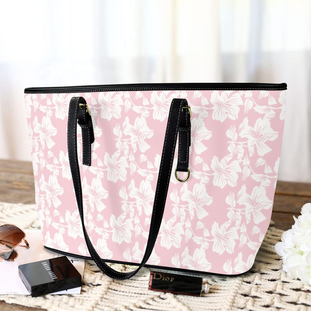 Pink Hawaiian Floral PU Leather Tote Bag Large Leather Tote Bag-Large Plants Printed Offshore