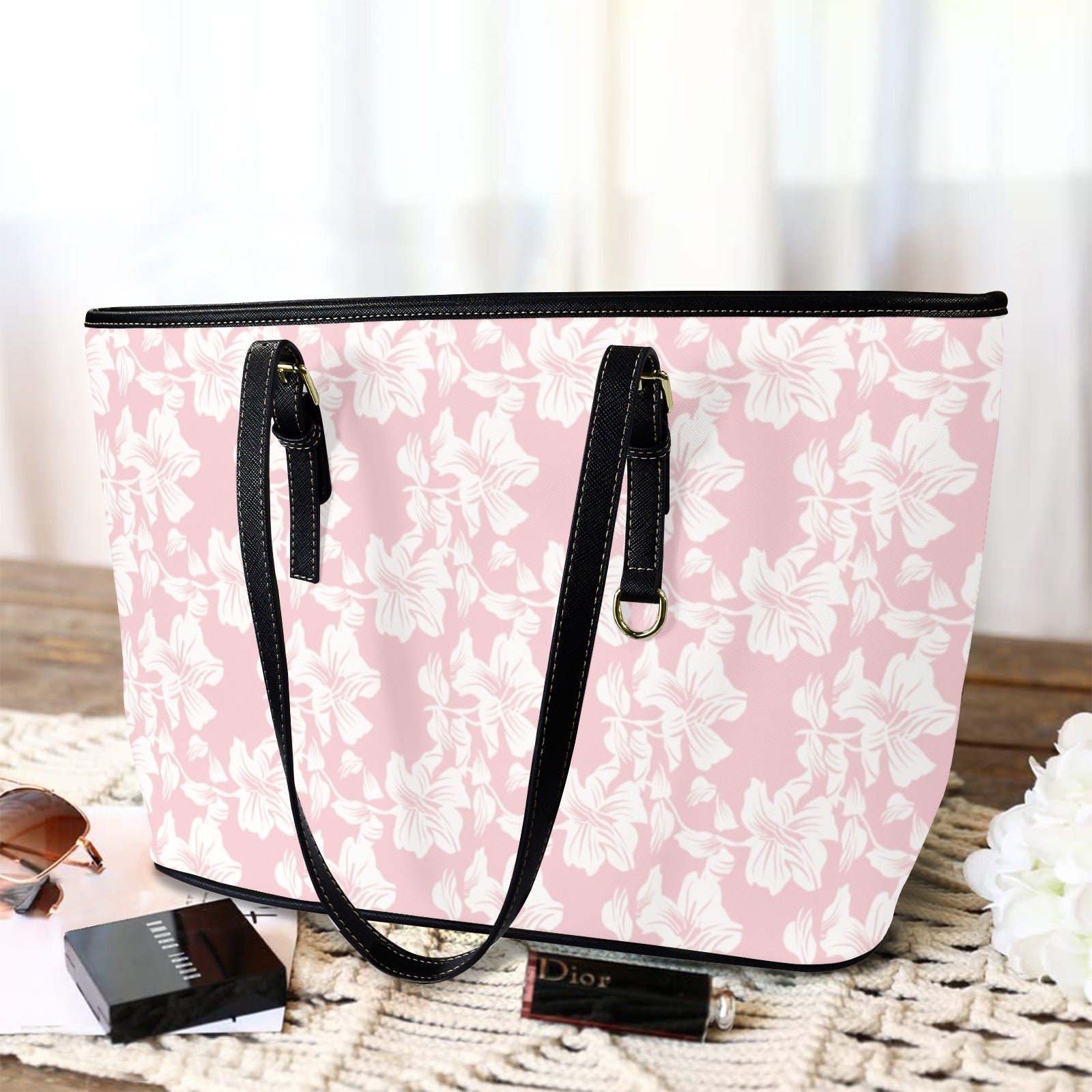 Pink Hawaiian Floral - PU Leather Tote Bag - Large