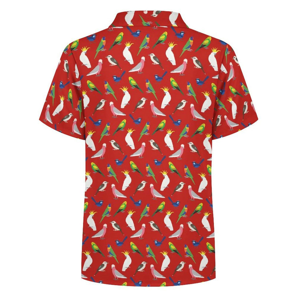 Australian Birds On Red Kids Youth Short Sleeve Button Up Shirt