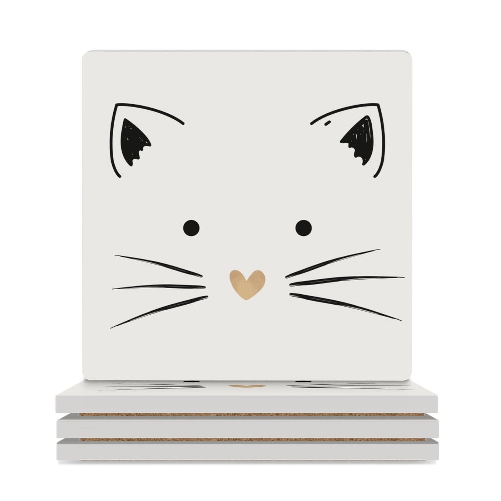 Cat With Gold Heart - Ceramic Coasters (Square) white Ceramic Coasters animal Printed Offshore