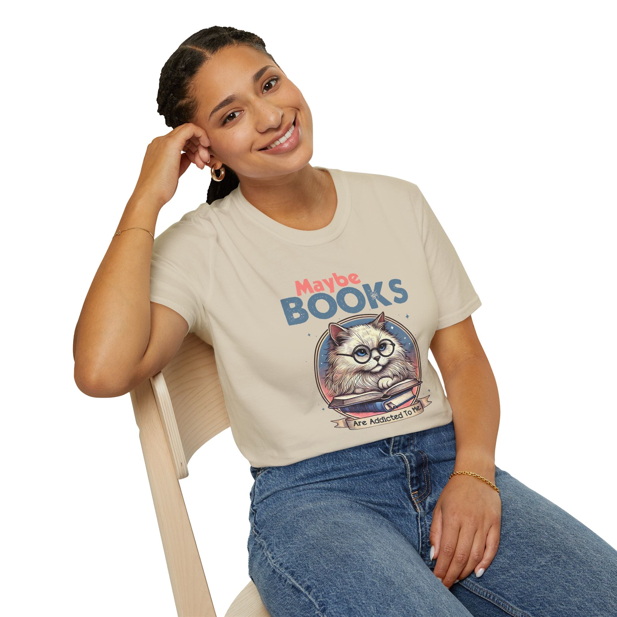 Maybe Books Are Addicted To Me, Cat - Unisex Softstyle T-shirt