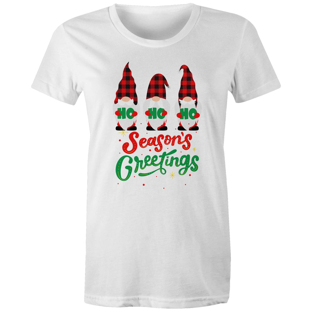 Christmas Gnomes, Seasons Greetings - Womens T-shirt White Womens Christmas T-shirt Christmas Printed In Australia