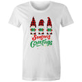 Christmas Gnomes, Seasons Greetings - Womens T-shirt White Womens Christmas T-shirt Christmas Printed In Australia