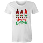Christmas Gnomes, Seasons Greetings - Womens T-shirt White Womens Christmas T-shirt Christmas Printed In Australia