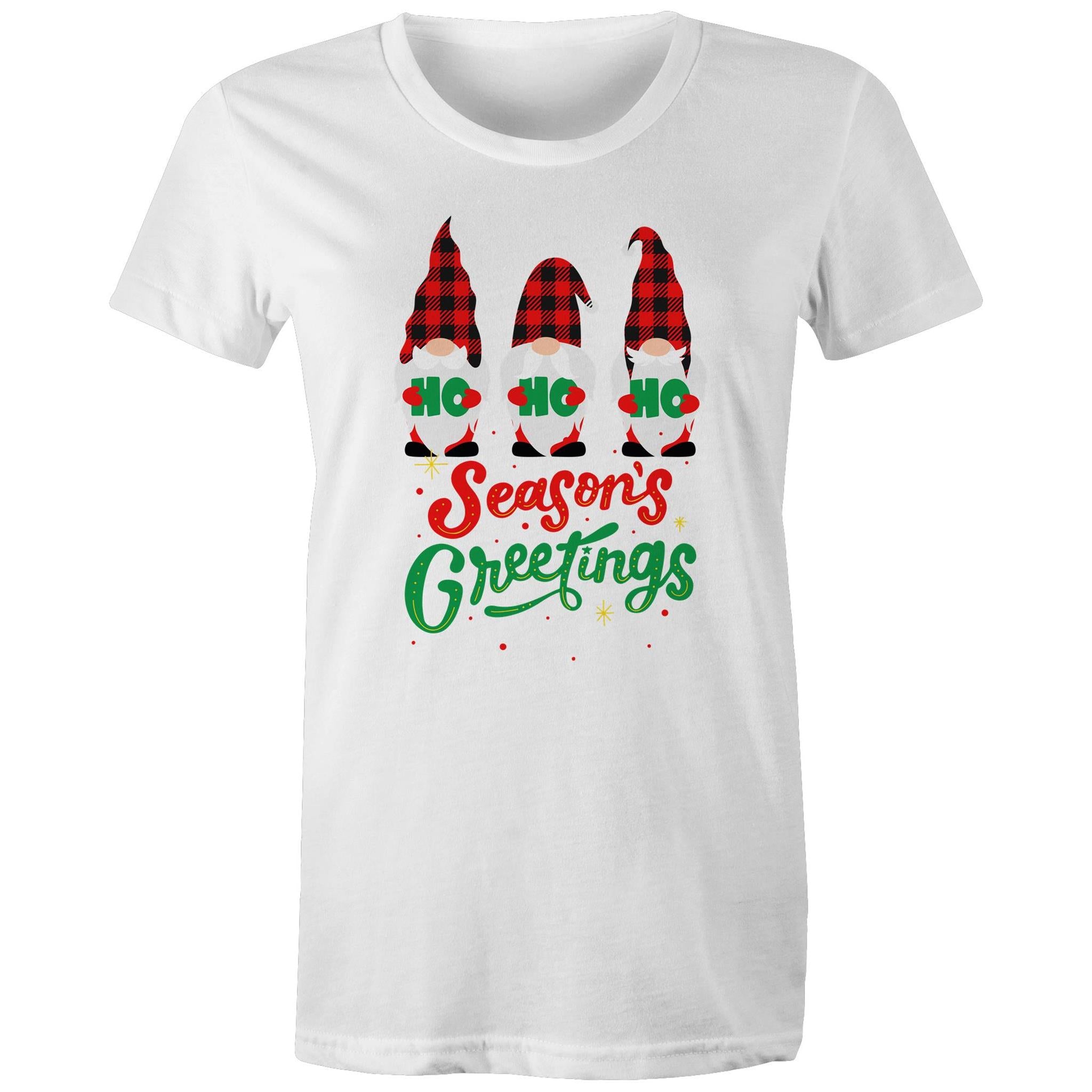 Christmas Gnomes, Seasons Greetings - Womens T-shirt White Womens Christmas T-shirt Christmas Printed In Australia
