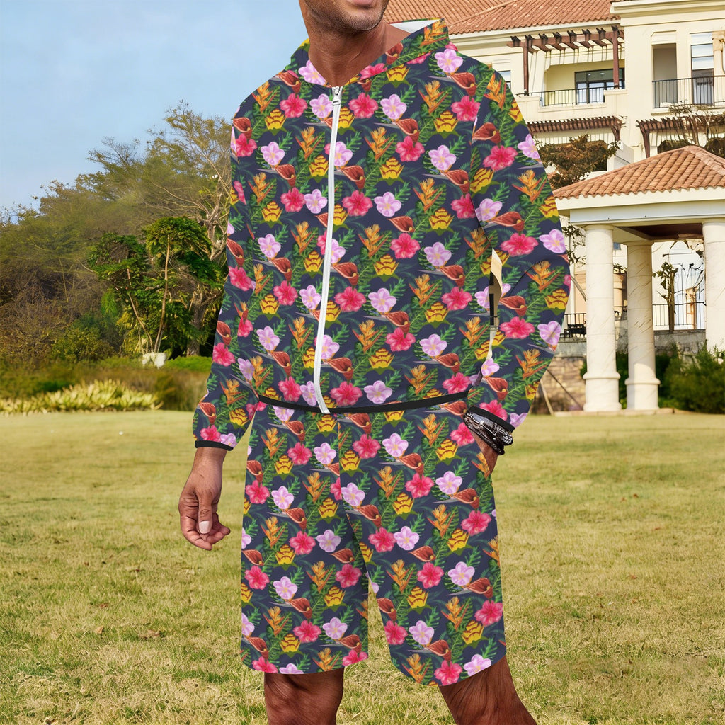 Tropical Floral Men's Lightweight Sun Hoodie & Shorts Set Men's Lightweight Sun Hoodie & Shorts Plants Printed Offshore