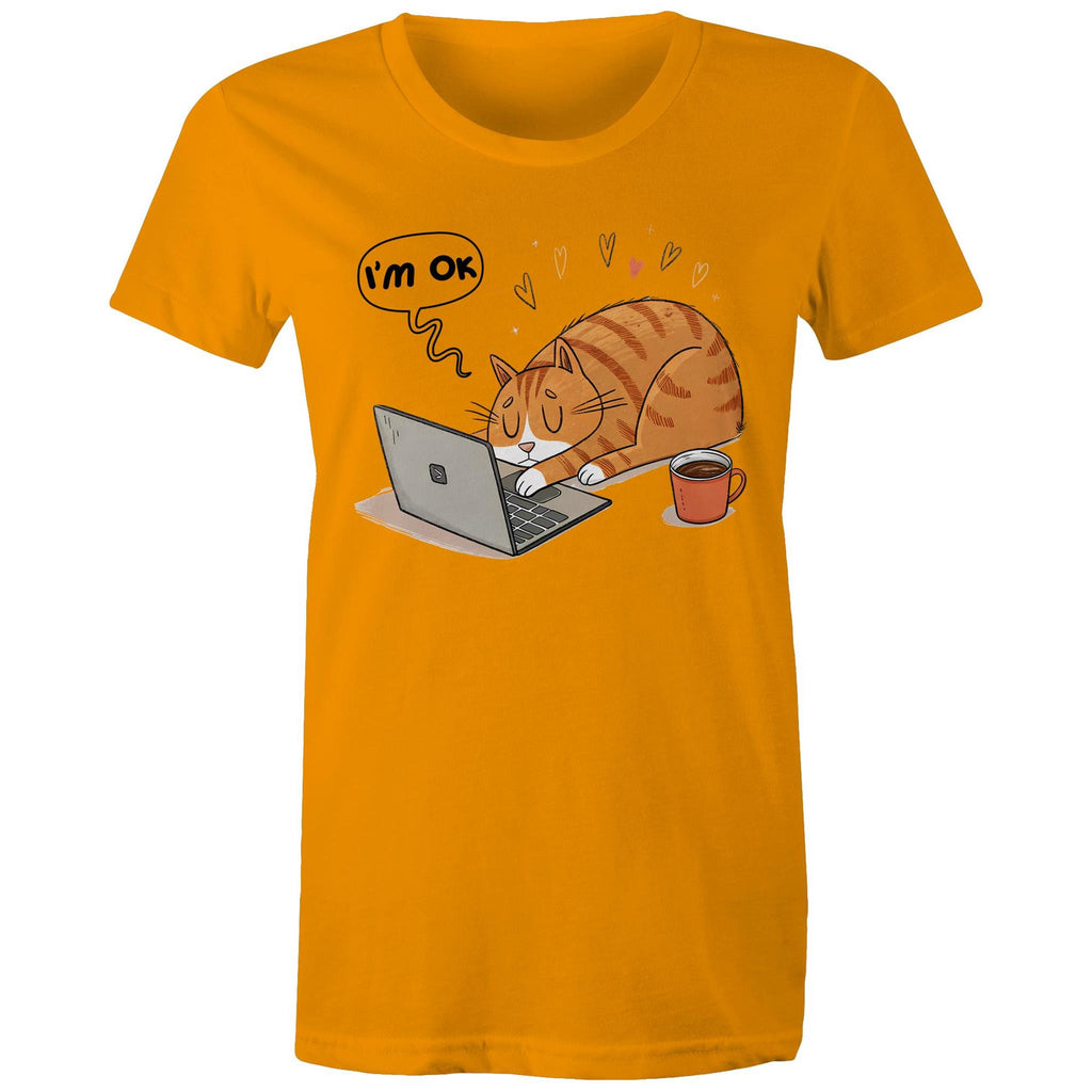 Cat Laptop, I'm OK - Womens T-shirt Orange Womens T-shirt animal Printed In Australia