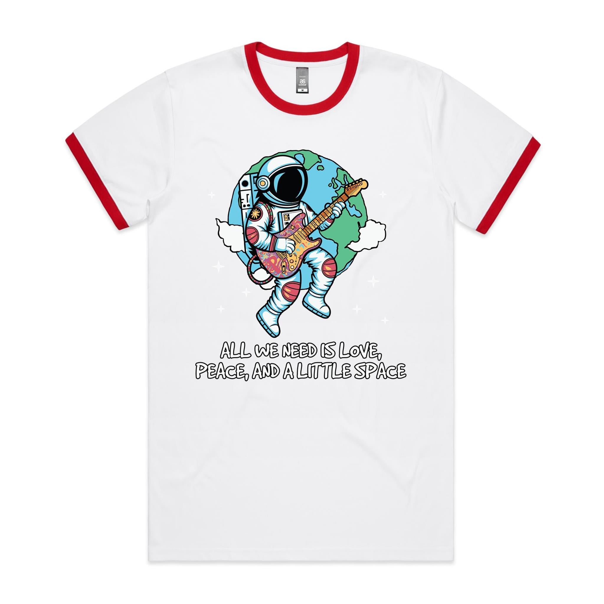 Astronaut, All We Need Is Love, Peace And A Little Space - Staple Ringer Tee White Red Ringer T-Shirt Music Printed In Australia Space