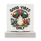 Good Vibes Only, Hippie Mushroom Ceramic Coasters (Square) white Ceramic Coasters Positivity Printed Offshore Retro