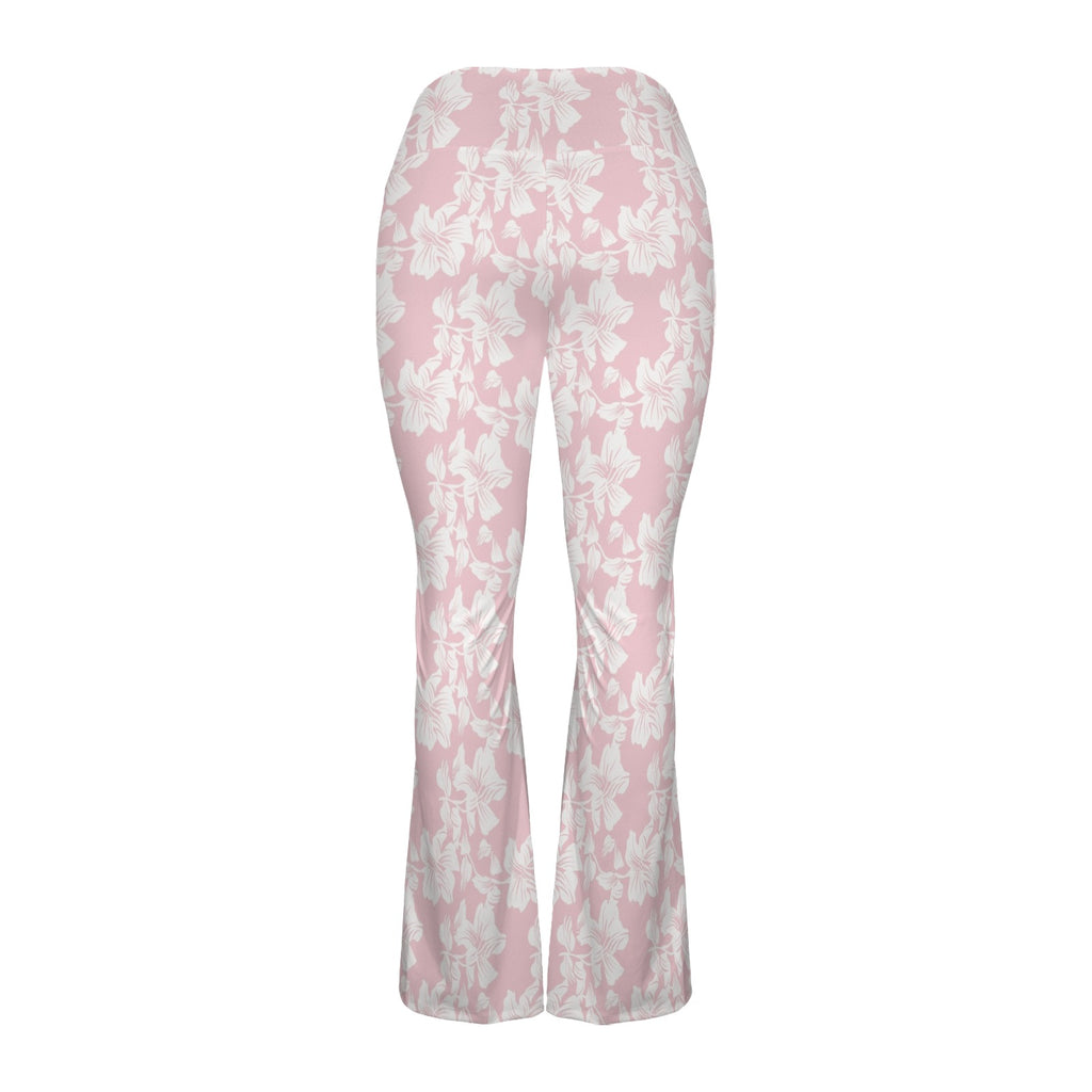 Pink Hawaiian Floral High Waist Crossover Tummy Control Flare Leggings High Waist Flare Leggings Plants Printed Offshore