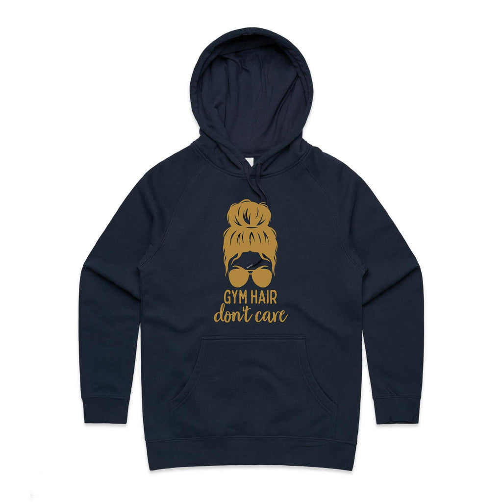 Gym Hair, Don't Care - Womens Hoodie Navy Womens Hoodie Fitness Printed In Australia