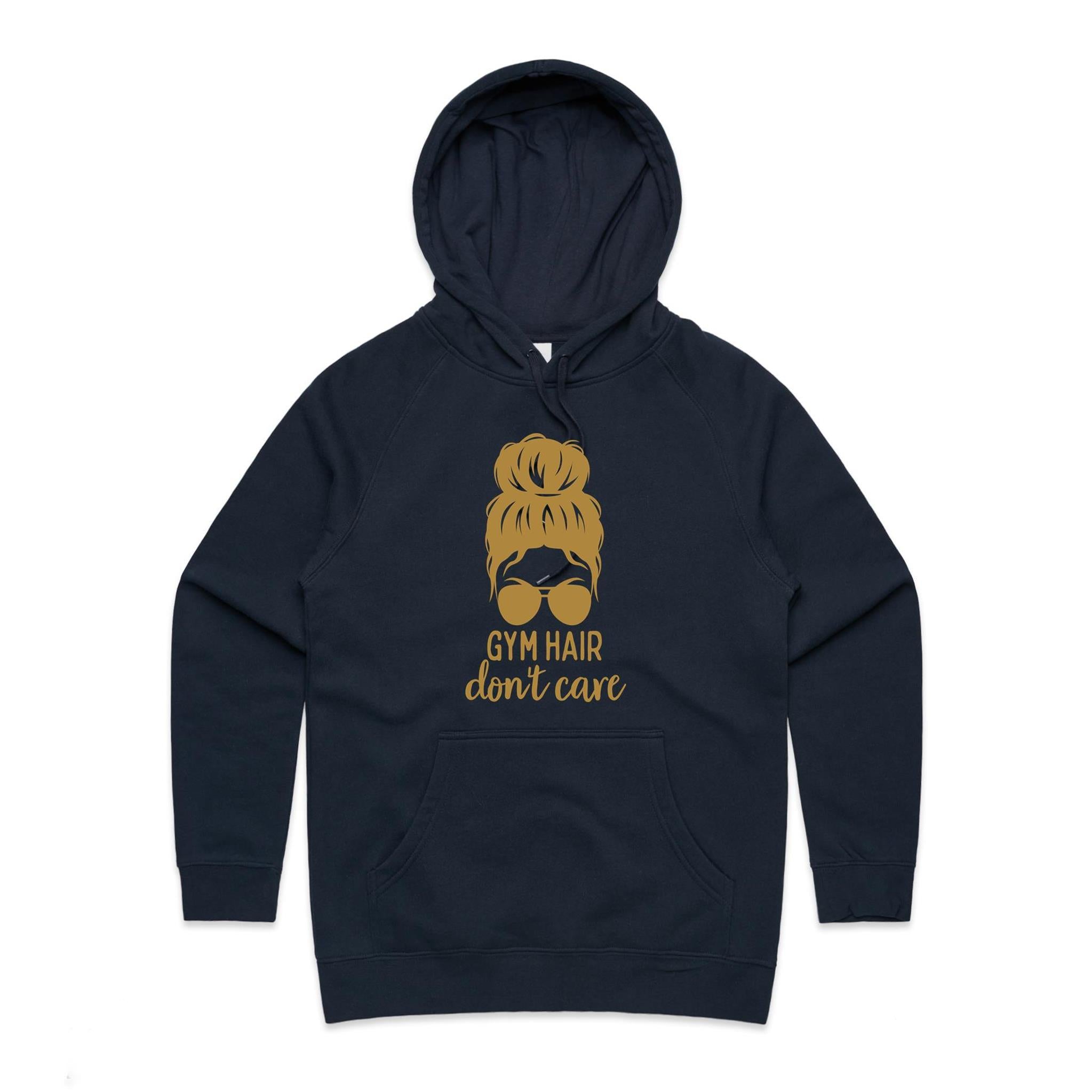 Gym Hair, Don't Care - Womens Hoodie Navy Womens Hoodie Fitness Printed In Australia