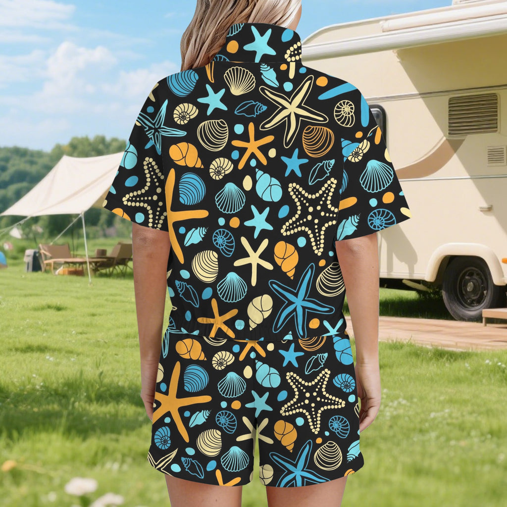 Starfish And Shells Women's Windbreaker Short Set Women's Windbreaker Short Set animal Printed Offshore