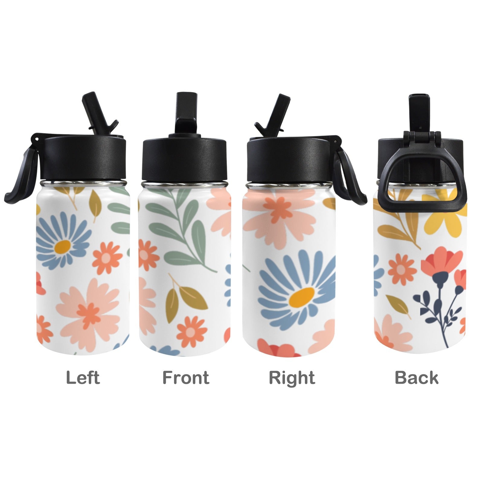 Boho Flowers And Leaves 12oz Kids Water Bottle with Straw Lid