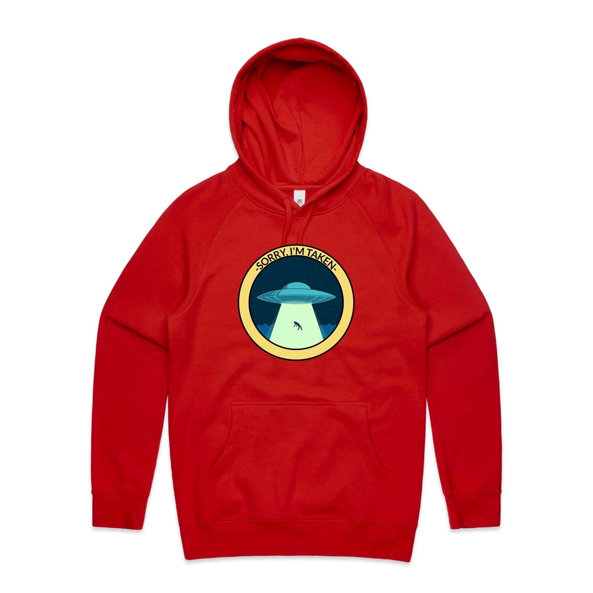 UFO Alien Abduction, Sorry I'm Taken - Mens Hoodie Red Mens Hoodie Printed In Australia Sci Fi
