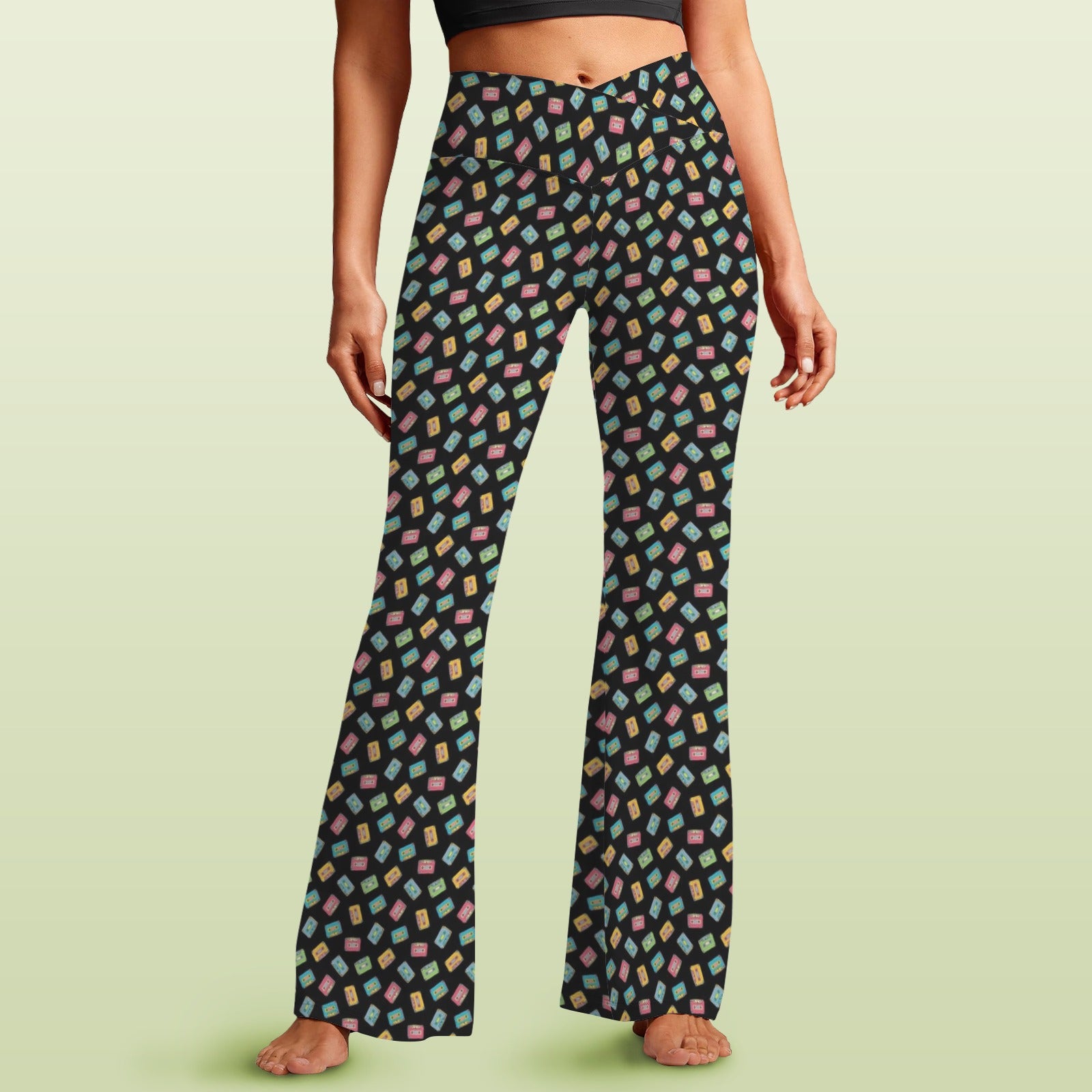 Colourful Cassettes - High Waist Crossover Tummy Control Flare Leggings