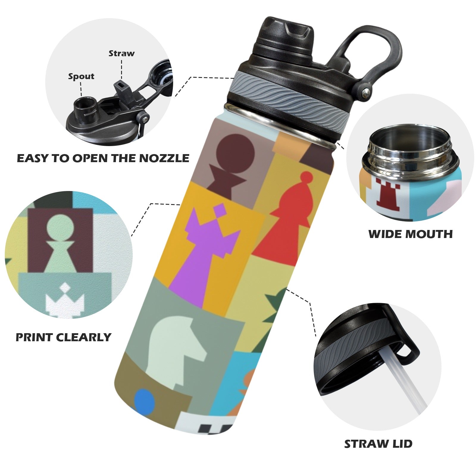 Colourful Chess - Insulated Water Bottle with Dual-Use Lid (18oz) Insulated Water Bottle with Dual-Use Lid (18oz) Chess Games Printed Offshore