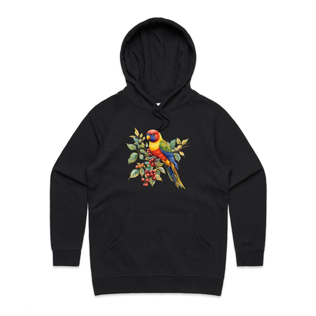 Lorikeet - Womens Hoodie Black Womens Hoodie animal Printed In Australia