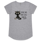 Living That Nine Lives Kind Of Tired, Frazzled Cat Women's AS Colour Scoop Neck T-Shirt Grey Marle Womens Scoop Neck T-shirt animal Coffee Printed In Australia