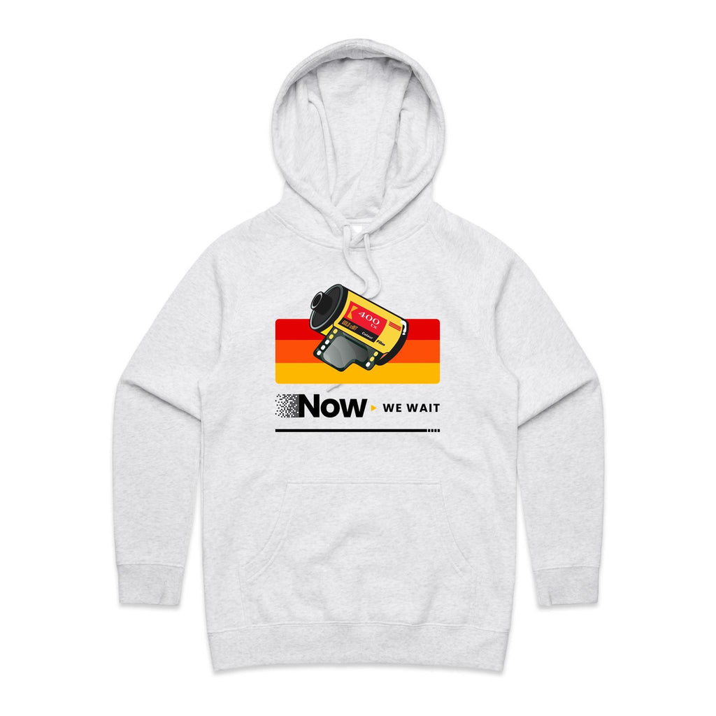 Camera Film, Now We Wait Women's AS Colour Hoodie White Marle Womens Hoodie Printed In Australia Retro