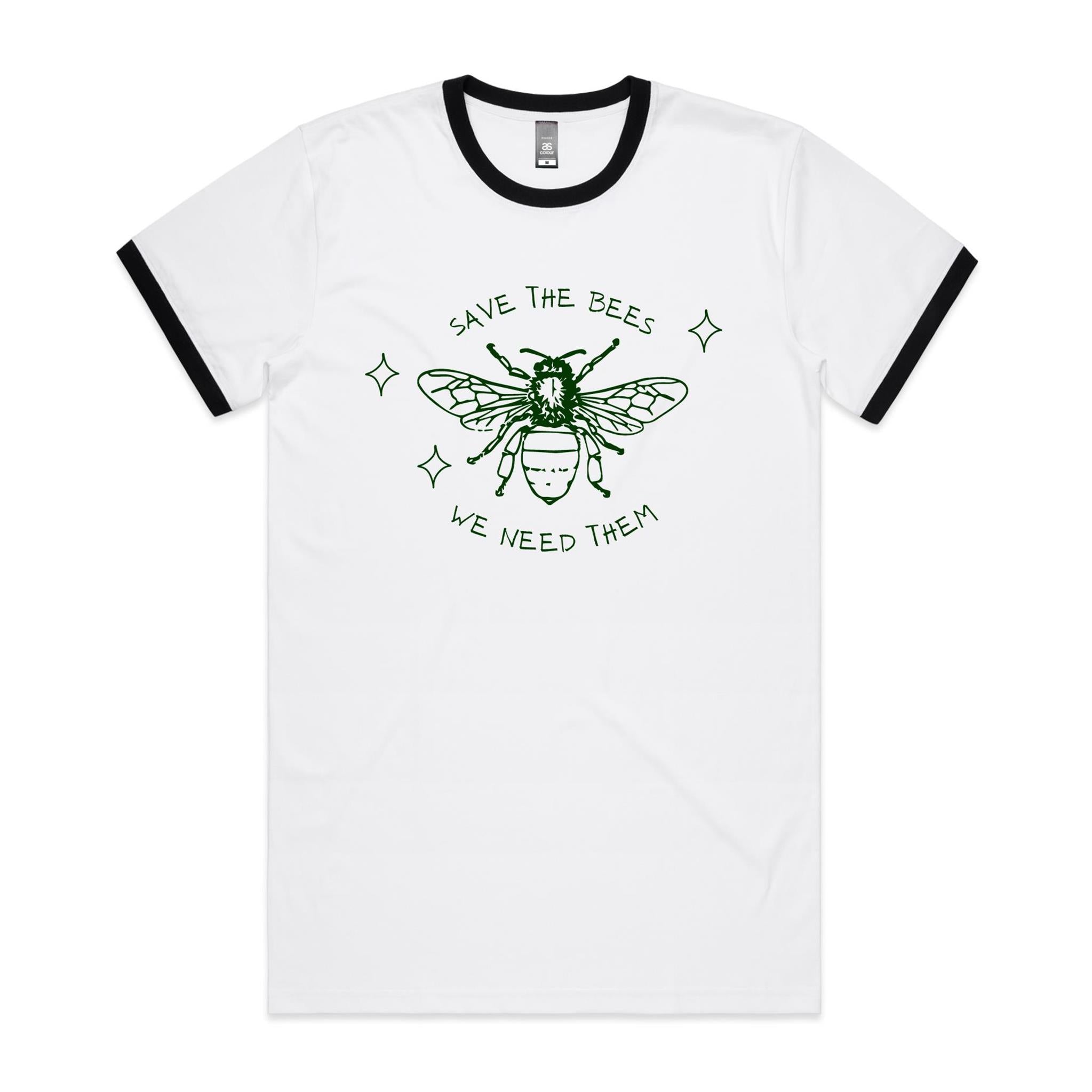 Save The Bees - Staple Ringer Tee White Black Ringer T-Shirt animal Environment Printed In Australia