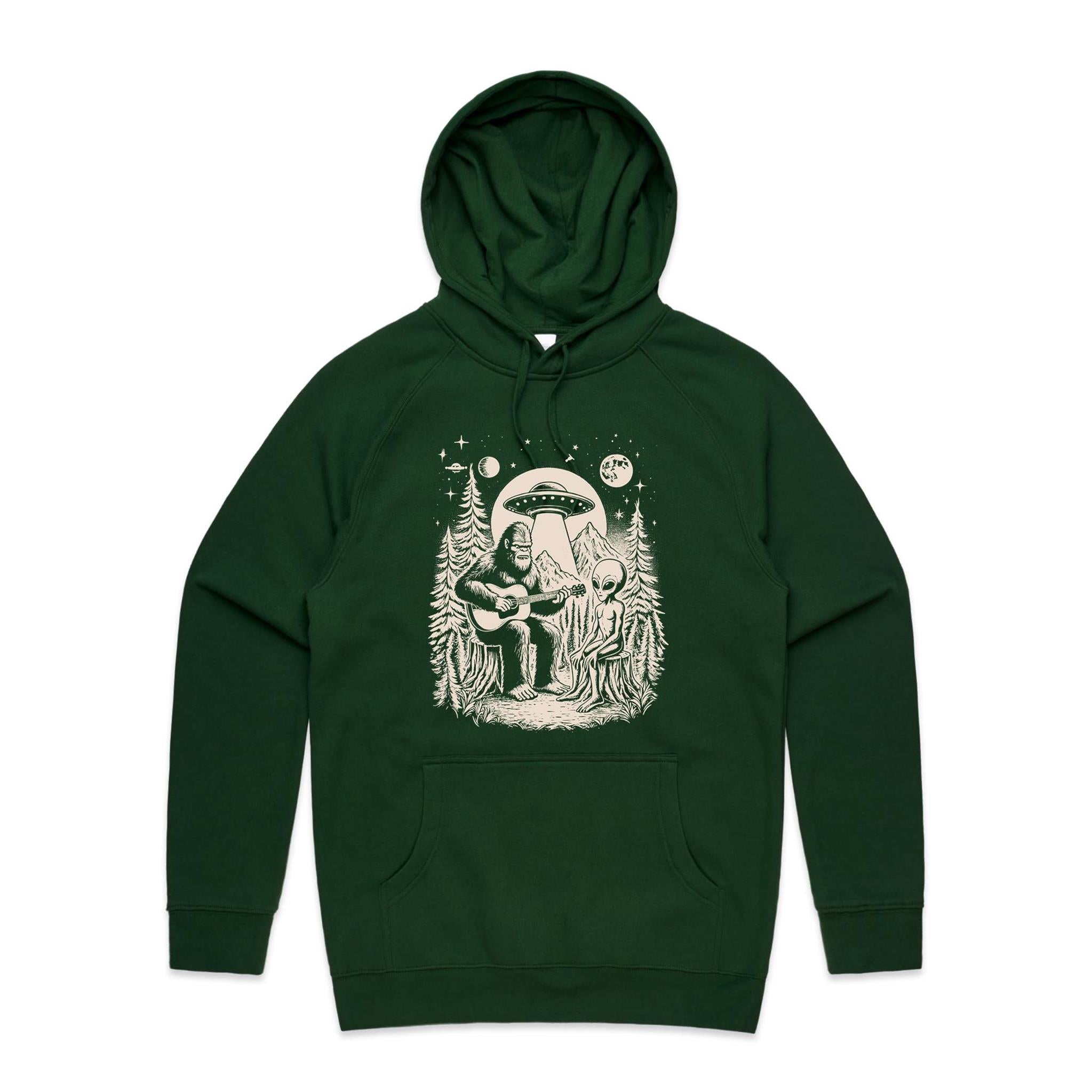 Alien And Bigfoot Playing Guitar - Mens Hoodie Forest Green Mens Hoodie Music Printed In Australia Sci Fi