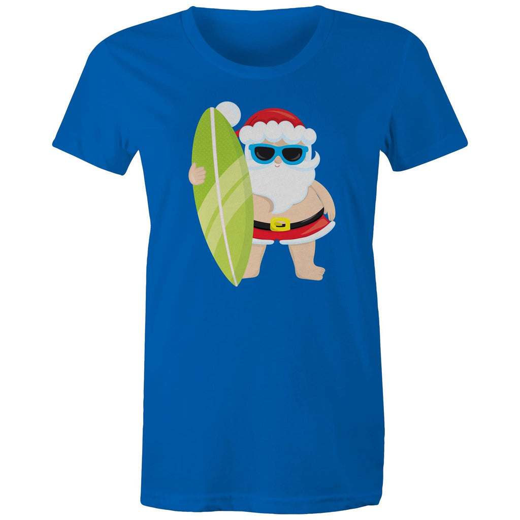 Surfing Santa - Womens T-shirt Bright Royal Womens Christmas T-shirt Christmas Printed In Australia
