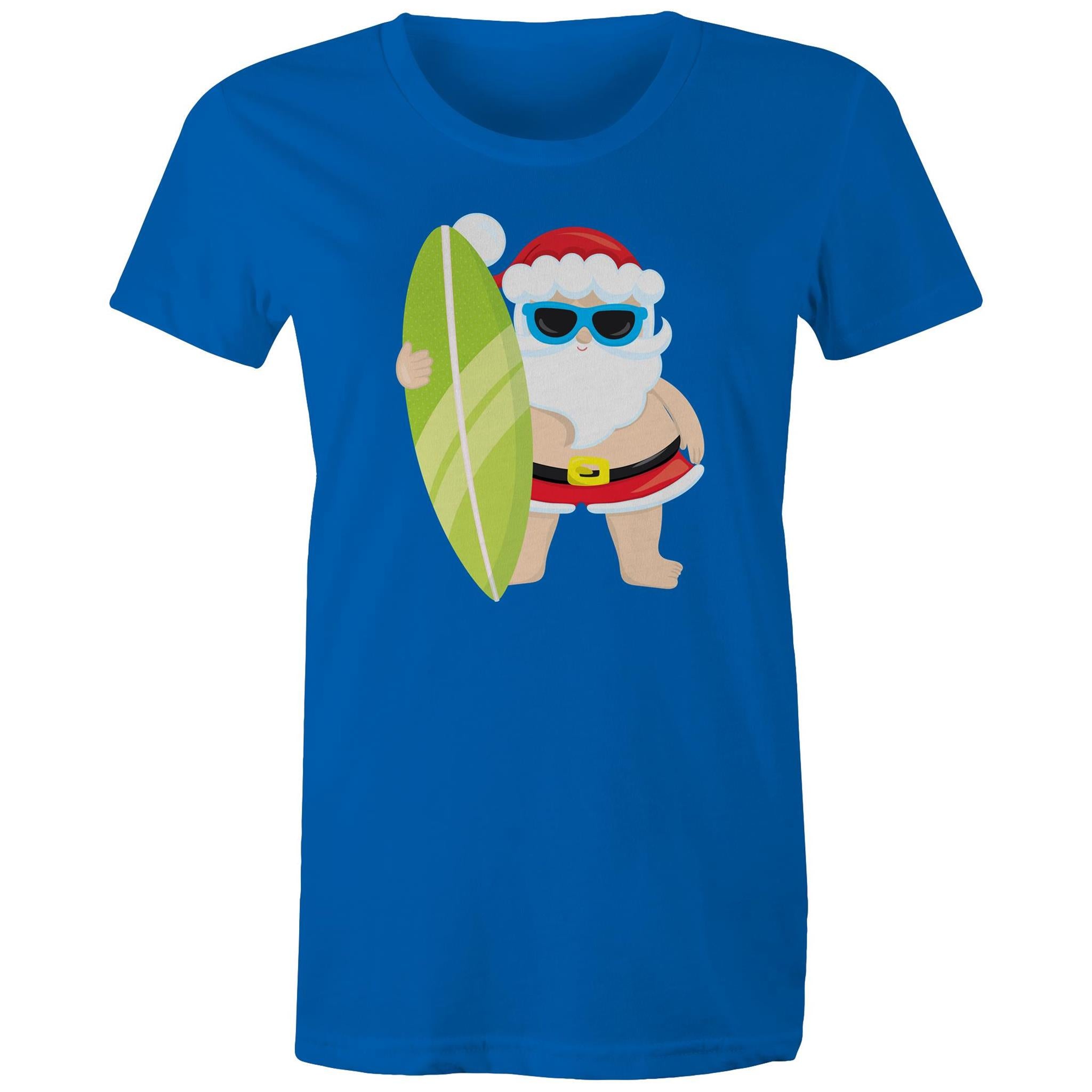 Surfing Santa - Womens T-shirt Bright Royal Womens Christmas T-shirt Christmas Printed In Australia