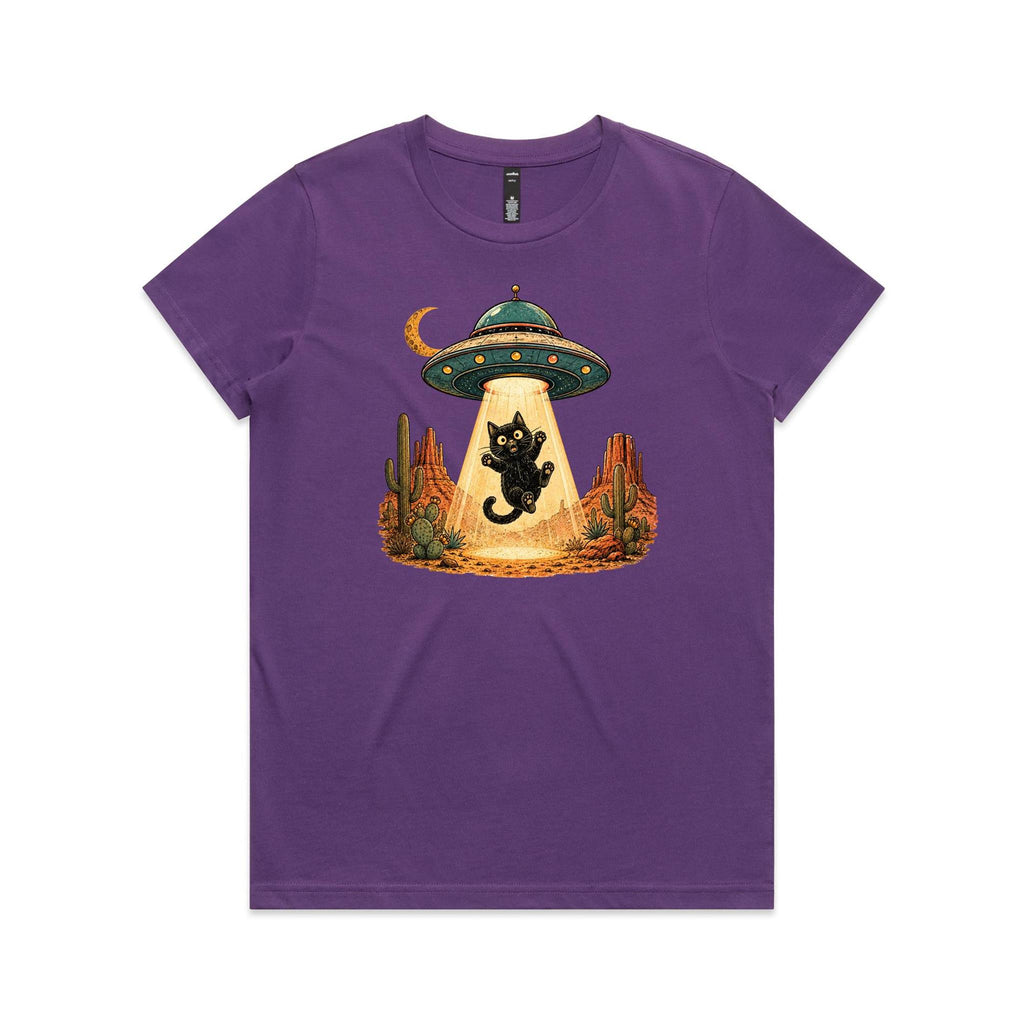 Black Cat Alien UFO Abduction Women's AS Colour T-shirt Purple Womens T-shirt animal Printed In Australia Sci Fi