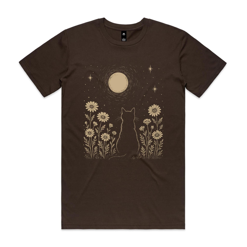 Whimsical Cat And Moon Men's AS Colour T-shirt Dark Chocolate Mens T-shirt animal Printed In Australia