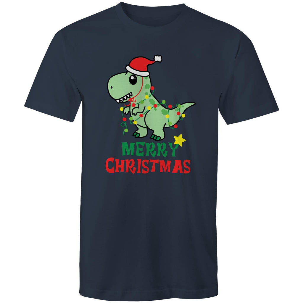 Dinosaur Santa, Merry Christmas - Mens T-Shirt Navy Mens Christmas T-shirt Christmas Printed In Australia