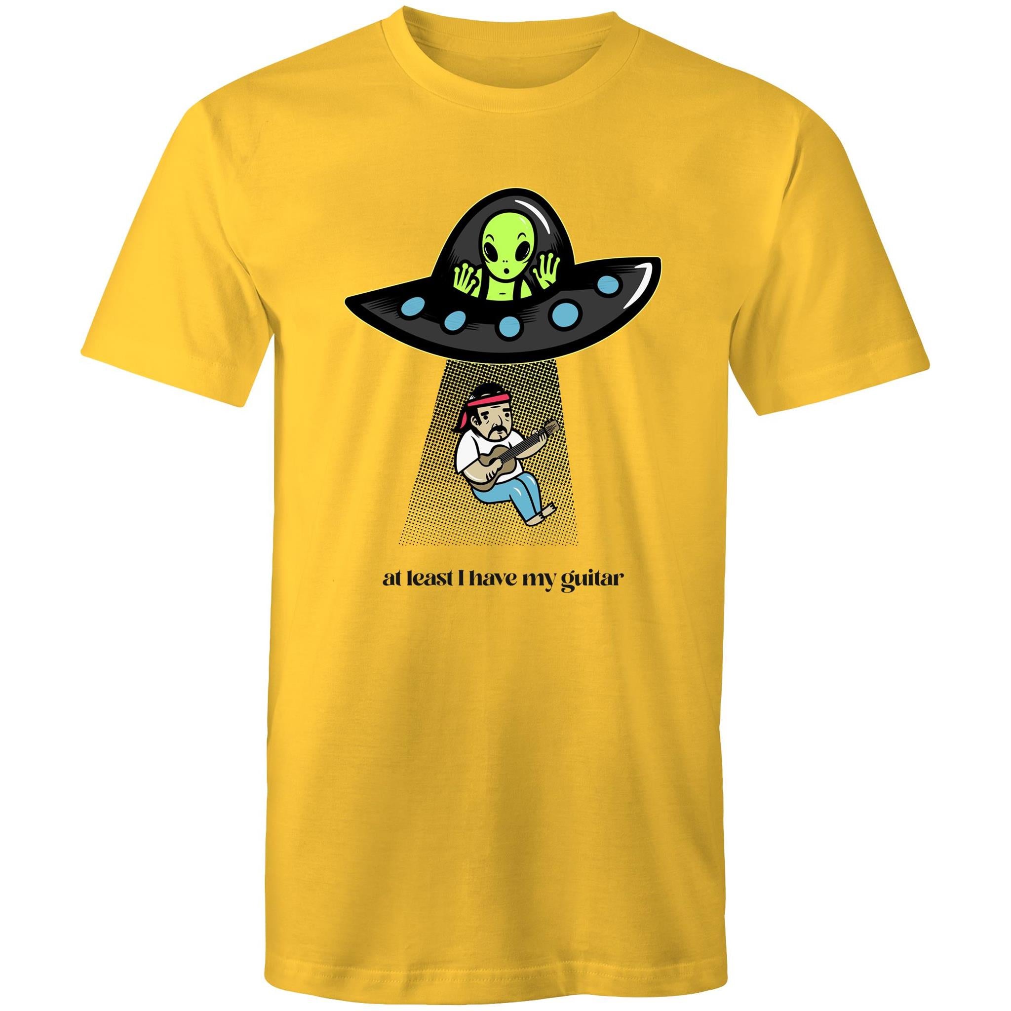 Alien Abduction, At Least I Have My Guitar - Mens T-Shirt Yellow Mens T-shirt Music Printed In Australia Sci Fi