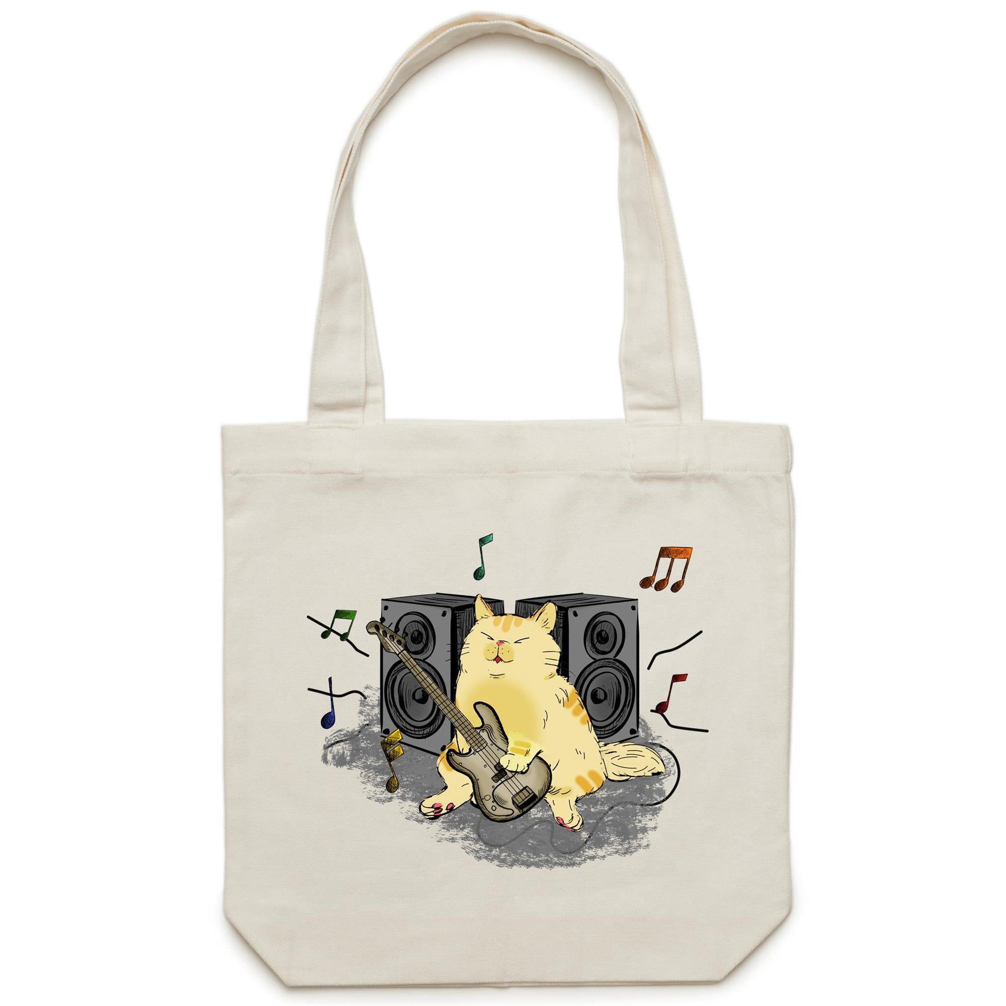 Cat Bass Player - Canvas Tote Bag Cream One Size Tote Bag Printed In Australia