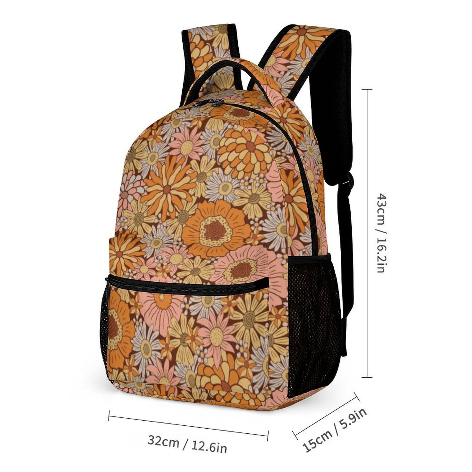 Orange Retro Floral Backpack, Lunch Bag & Pencil Case Set
