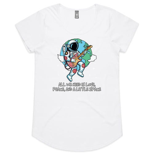 Astronaut, All We Need Is Love, Peace And A Little Space - Womens Scoop Neck T-Shirt White Womens Scoop Neck T-shirt Music Printed In Australia Space